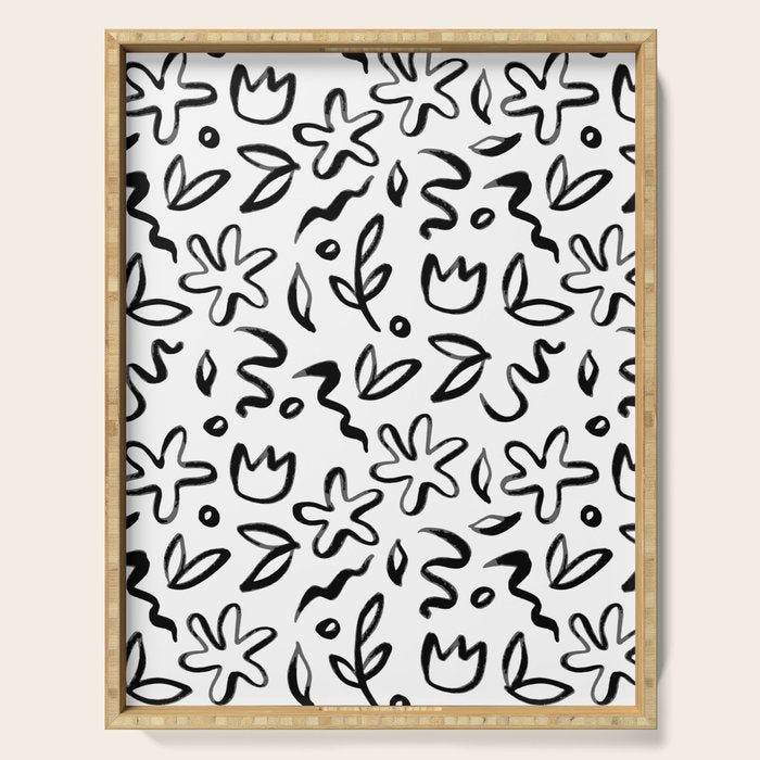 Black and white floral nature art doodle pattern Serving Tray Gallery Image 1