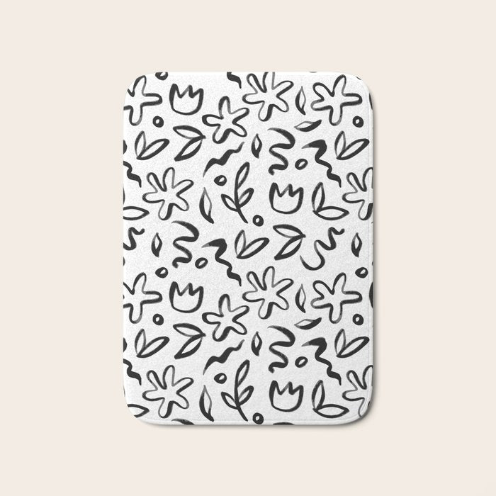 Black and white floral nature art doodle pattern Bath Mat Gallery Image 1