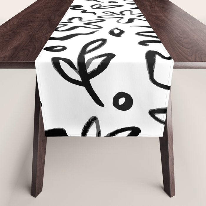 Black and white floral nature art doodle pattern Table Runner Gallery Image 1