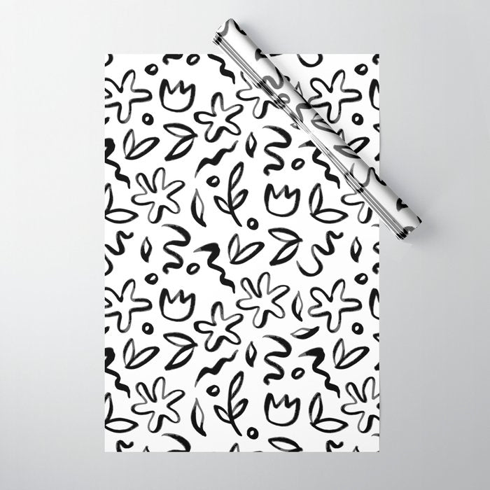 Black and white floral nature art doodle pattern Wrapping Paper Gallery Image 1