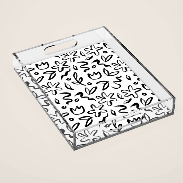 Black and white floral nature art doodle pattern Acrylic Tray Gallery Image 1
