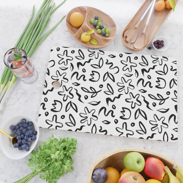 Black and white floral nature art doodle pattern Cutting Board Gallery Image 2