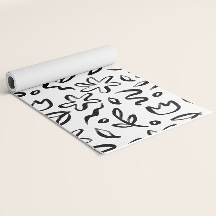 Black and white floral nature art doodle pattern Yoga Mat Gallery Image 2