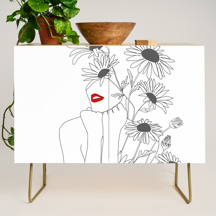 Minimal Line Art Girl with Sunflowers Credenza Gallery Image 1
