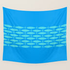 Fish Stripe 8 Blue and Aqua Minimal Mid Century Modern Pattern Wall Tapestry Gallery Image 4