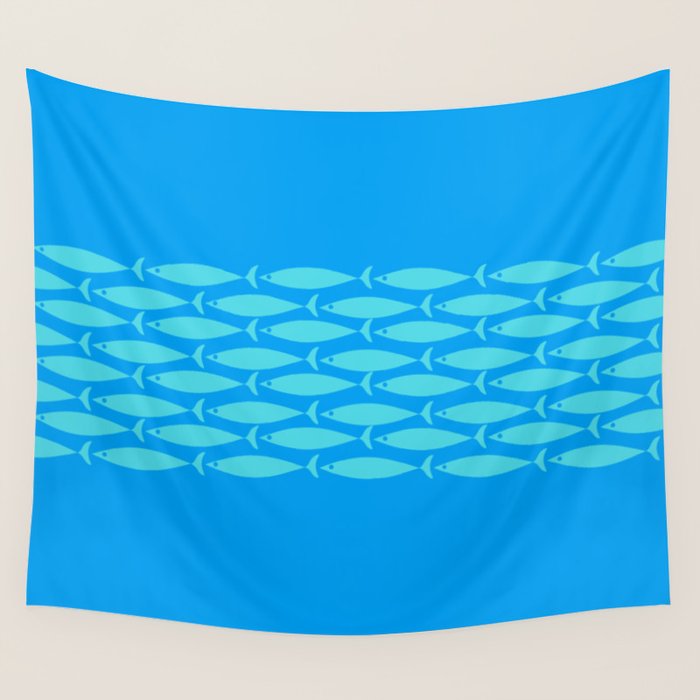 Fish Stripe 8 Blue and Aqua Minimal Mid Century Modern Pattern Wall Tapestry Gallery Image 4