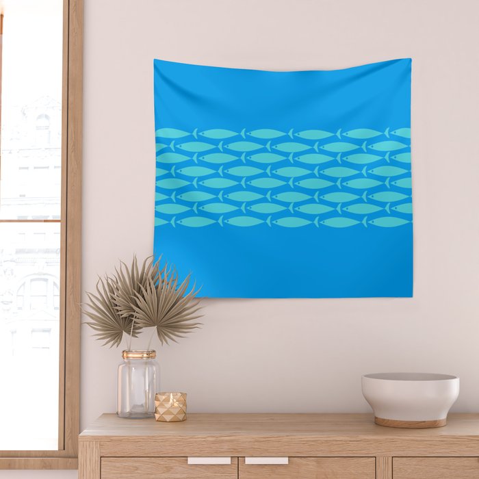 Fish Stripe 8 Blue and Aqua Minimal Mid Century Modern Pattern Wall Tapestry Gallery Image 2
