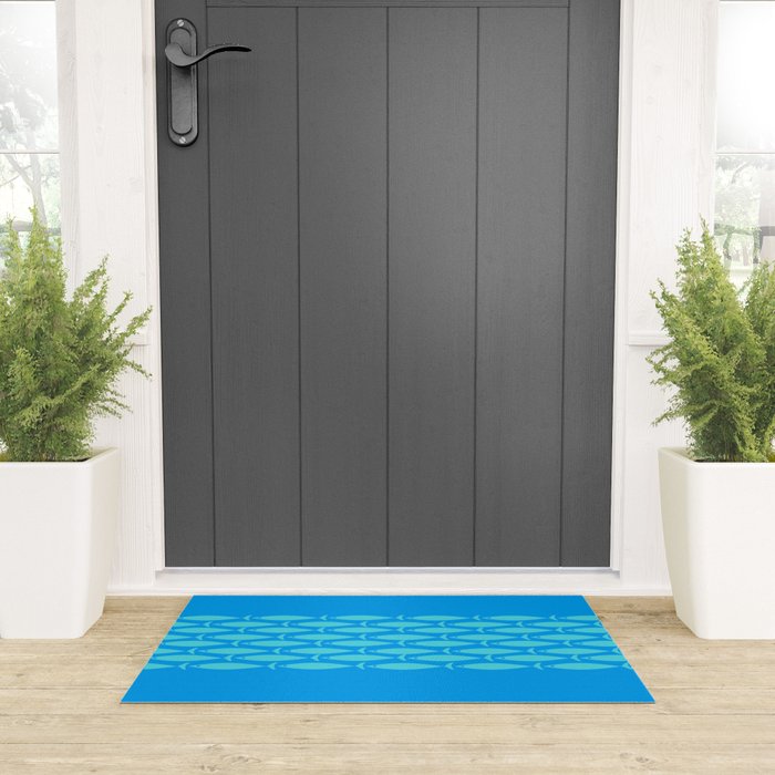 Fish Stripe 8 Blue and Aqua Minimal Mid Century Modern Pattern Welcome Mat Gallery Image 3