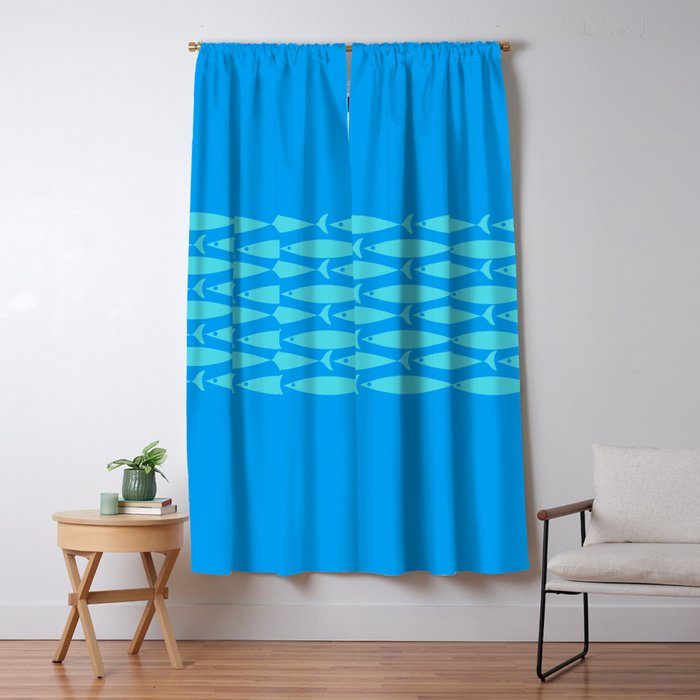 Fish Stripe 8 Blue and Aqua Minimal Mid Century Modern Pattern Window Curtain Gallery Image 5