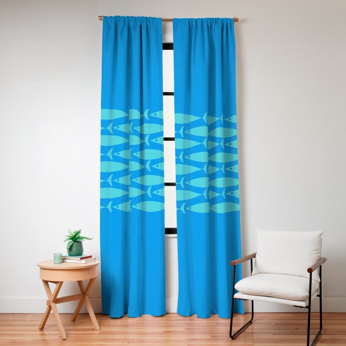 Fish Stripe 8 Blue and Aqua Minimal Mid Century Modern Pattern Window Curtain Gallery Image 4
