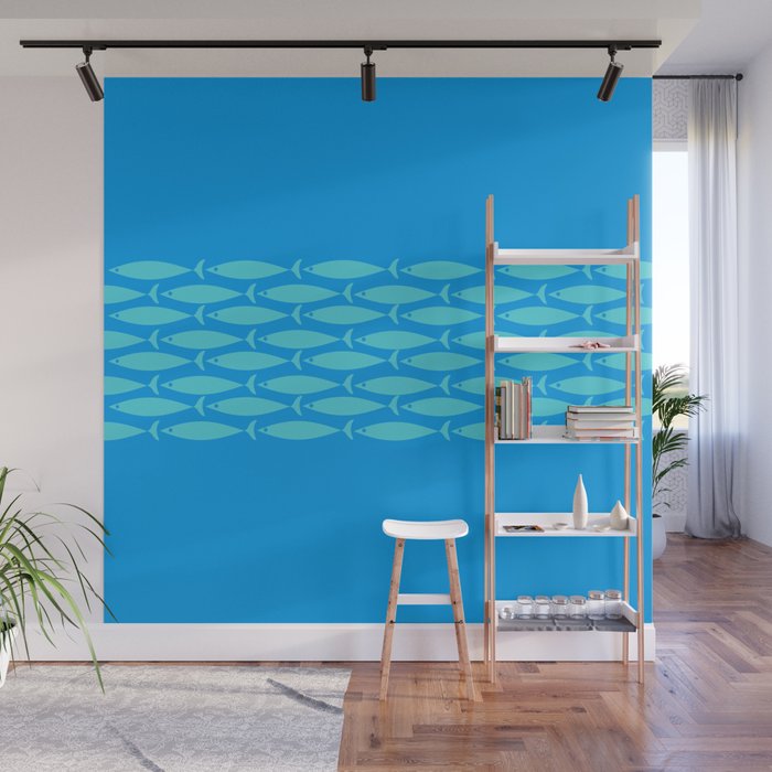 Fish Stripe 8 Blue and Aqua Minimal Mid Century Modern Pattern Wall Mural Gallery Image 1
