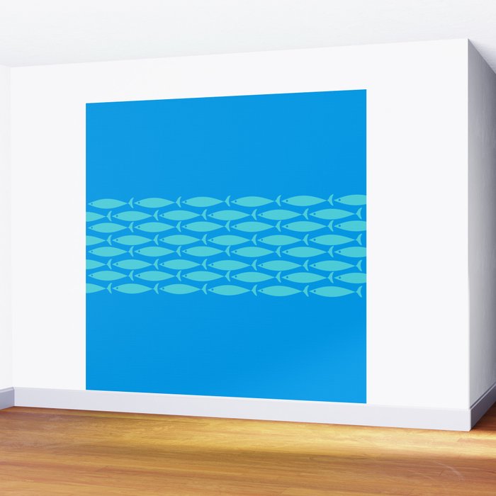 Fish Stripe 8 Blue and Aqua Minimal Mid Century Modern Pattern Wall Mural Gallery Image 2