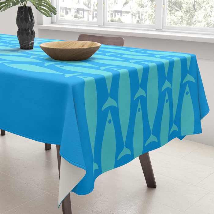 Fish Stripe 8 Blue and Aqua Minimal Mid Century Modern Pattern Tablecloth Gallery Image 3