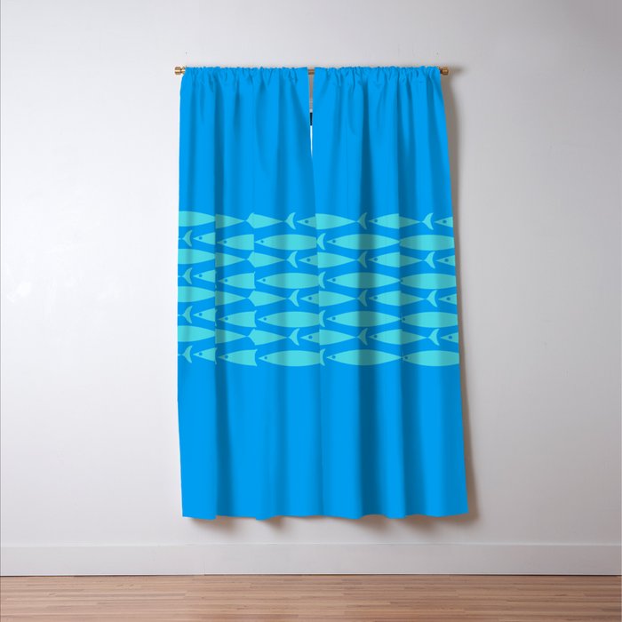 Fish Stripe 8 Blue and Aqua Minimal Mid Century Modern Pattern Window Curtain Gallery Image 3