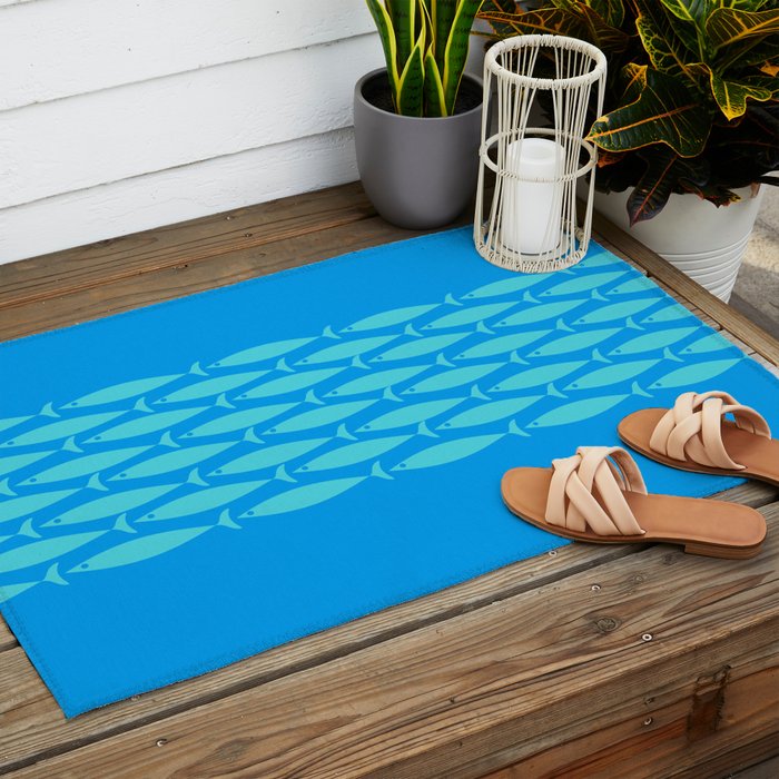 Fish Stripe 8 Blue and Aqua Minimal Mid Century Modern Pattern Outdoor Rug Gallery Image 2