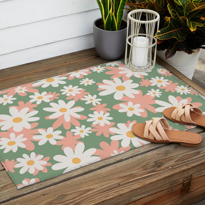 Flower Market London, Pastel Daisies Retro Print Outdoor Rug Gallery Image 2