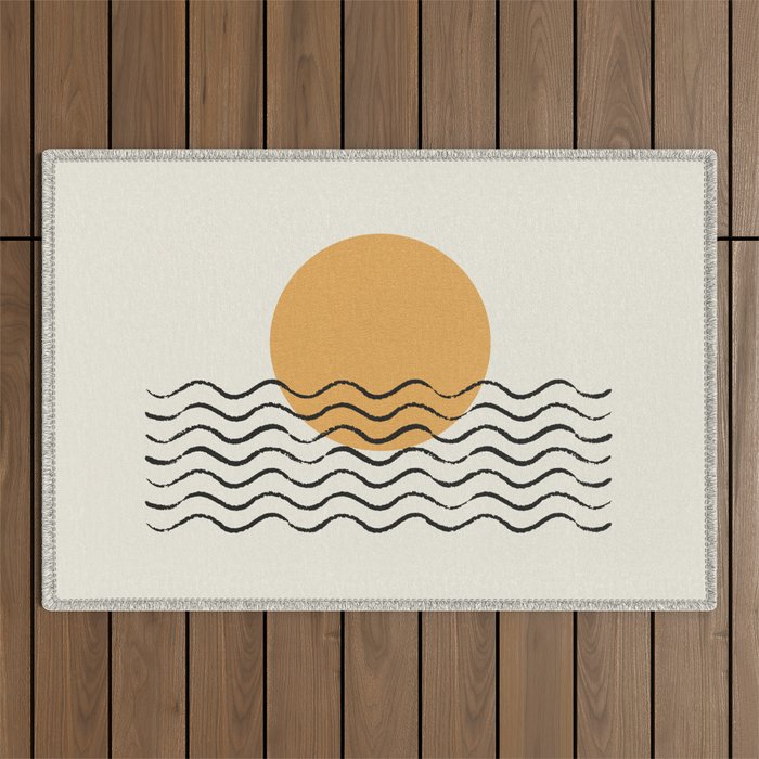 Ocean wave gold sunrise - mid century style Outdoor Rug Gallery Image 1