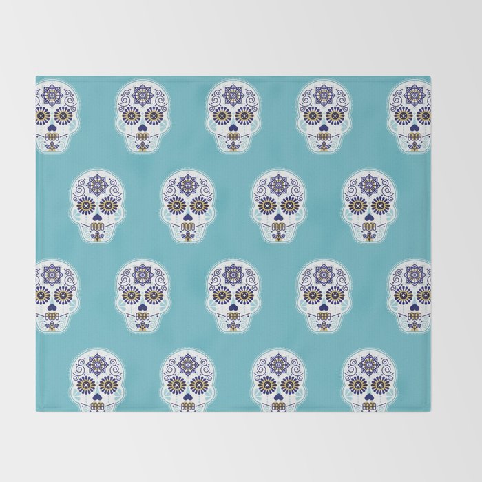 DÃ­a de Muertos â¢ Mexican Sugar Skull - Baby Blue Palette Throw Blanket Gallery Image 2
