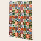 Earthy Patchwork Quilt Star Pattern Rustic Geometric Checkered Abstract in Warm Retro Colors Wallpaper Gallery Image 2