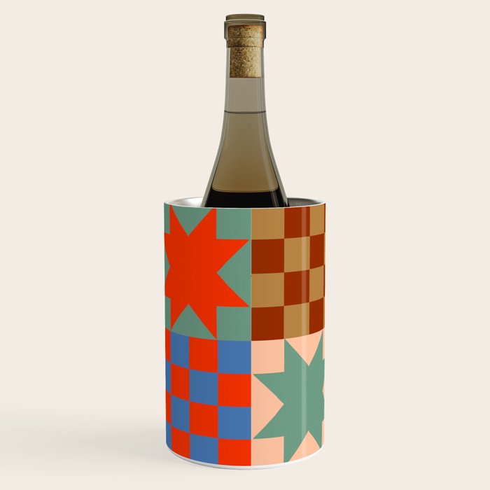 Earthy Patchwork Quilt Star Pattern Rustic Geometric Checkered Abstract in Warm Retro Colors Wine Chiller Gallery Image 2