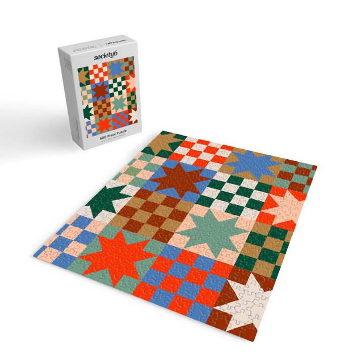 Earthy Patchwork Quilt Star Pattern Rustic Geometric Checkered Abstract in Warm Retro Colors Jigsaw Puzzle Gallery Image 2