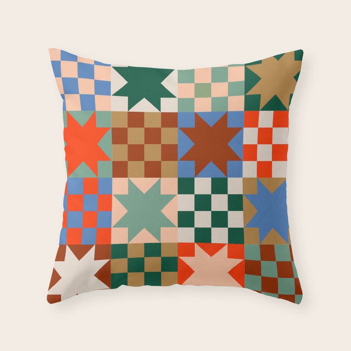 Earthy Patchwork Quilt Star Pattern Rustic Geometric Checkered Abstract in Warm Retro Colors Throw Pillow Gallery Image 6