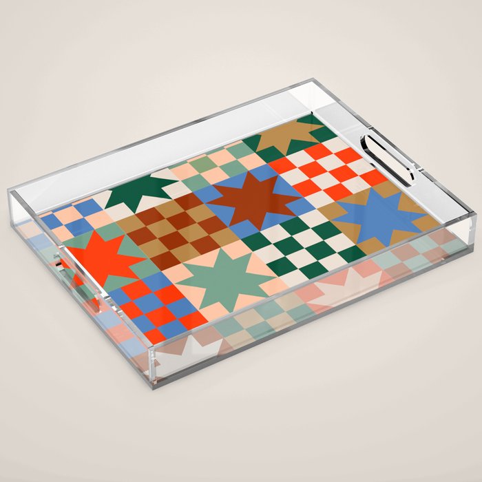 Earthy Patchwork Quilt Star Pattern Rustic Geometric Checkered Abstract in Warm Retro Colors Acrylic Tray Gallery Image 1