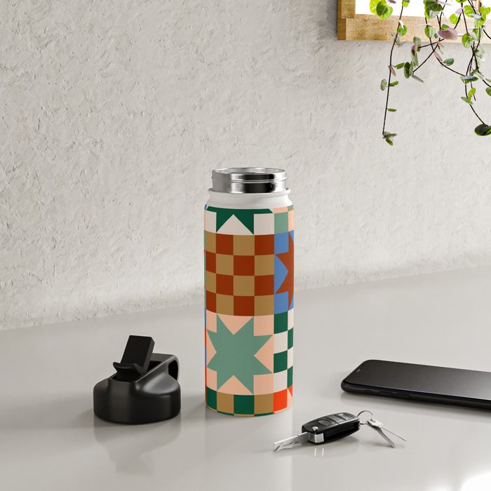 Earthy Patchwork Quilt Star Pattern Rustic Geometric Checkered Abstract in Warm Retro Colors Water Bottle Gallery Image 5