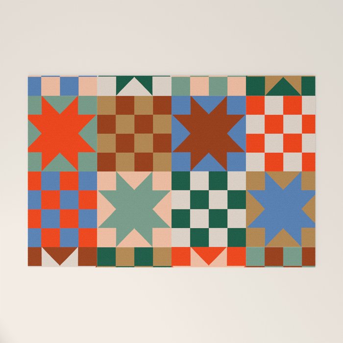 Earthy Patchwork Quilt Star Pattern Rustic Geometric Checkered Abstract in Warm Retro Colors Welcome Mat Gallery Image 1