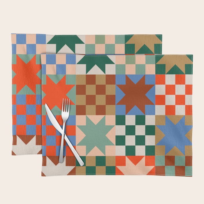 Earthy Patchwork Quilt Star Pattern Rustic Geometric Checkered Abstract in Warm Retro Colors Placemat Gallery Image 1