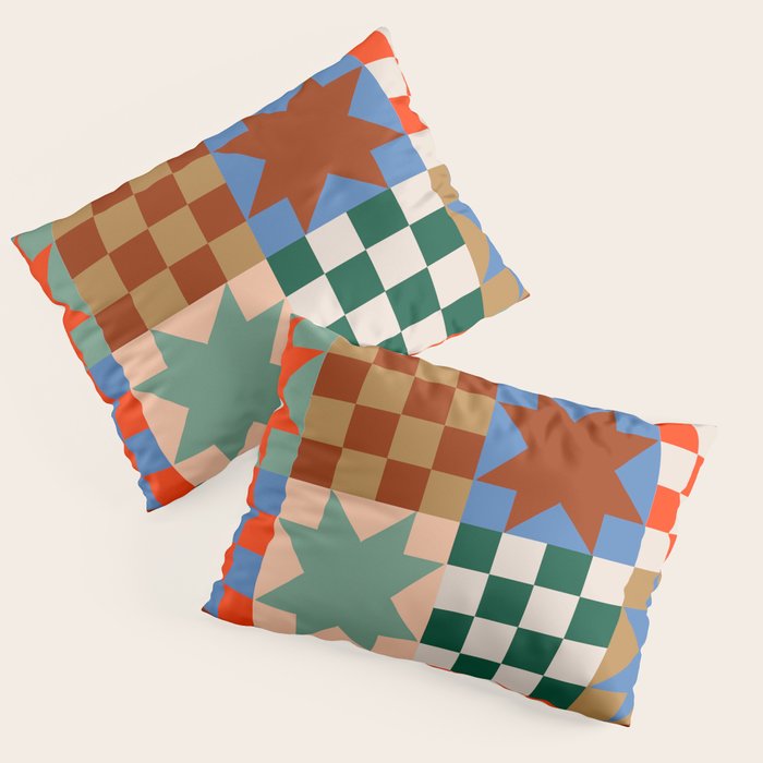 Earthy Patchwork Quilt Star Pattern Rustic Geometric Checkered Abstract in Warm Retro Colors Pillow Sham Gallery Image 1
