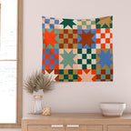 Earthy Patchwork Quilt Star Pattern Rustic Geometric Checkered Abstract in Warm Retro Colors Wall Tapestry Gallery Image 2