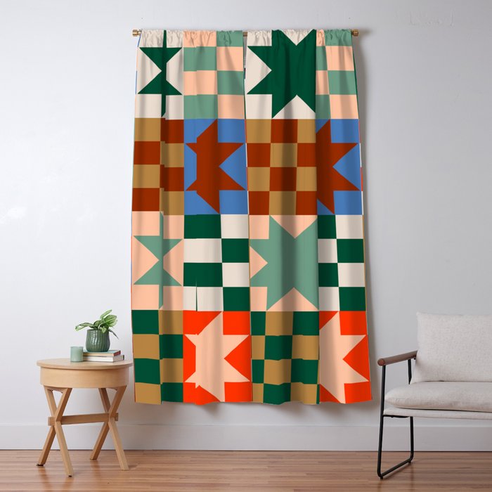 Earthy Patchwork Quilt Star Pattern Rustic Geometric Checkered Abstract in Warm Retro Colors Window Curtain Gallery Image 1
