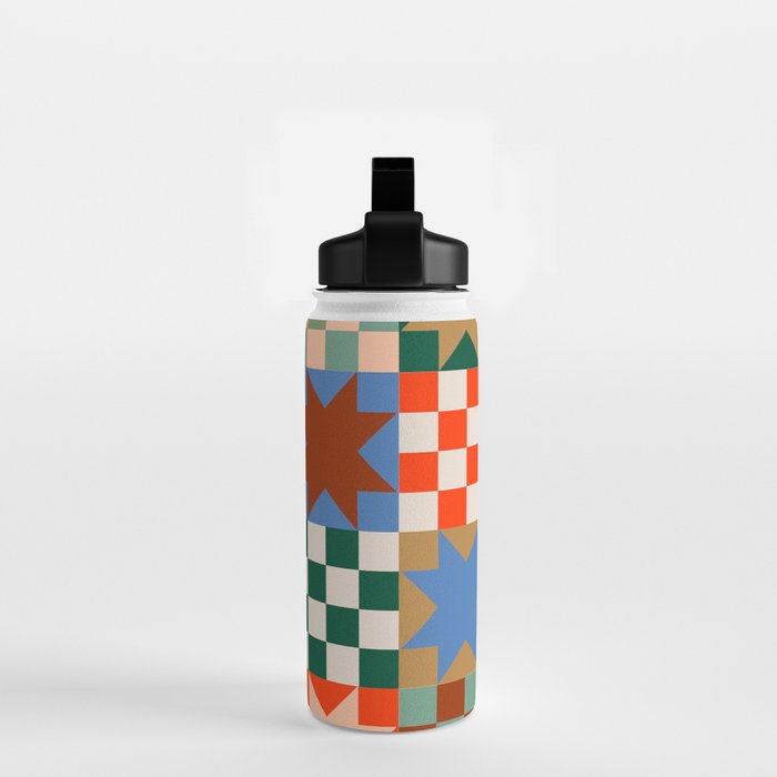 Earthy Patchwork Quilt Star Pattern Rustic Geometric Checkered Abstract in Warm Retro Colors Water Bottle Gallery Image 2