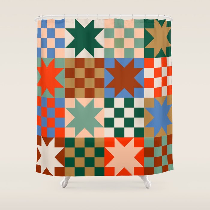 Earthy Patchwork Quilt Star Pattern Rustic Geometric Checkered Abstract in Warm Retro Colors Shower Curtain Gallery Image 1