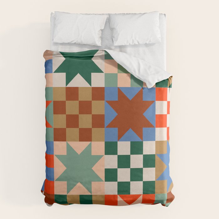 Earthy Patchwork Quilt Star Pattern Rustic Geometric Checkered Abstract in Warm Retro Colors Duvet Cover Gallery Image 6