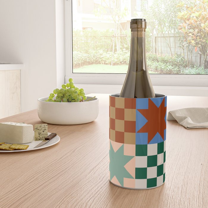 Earthy Patchwork Quilt Star Pattern Rustic Geometric Checkered Abstract in Warm Retro Colors Wine Chiller Gallery Image 4