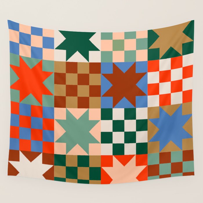 Earthy Patchwork Quilt Star Pattern Rustic Geometric Checkered Abstract in Warm Retro Colors Wall Tapestry Gallery Image 4