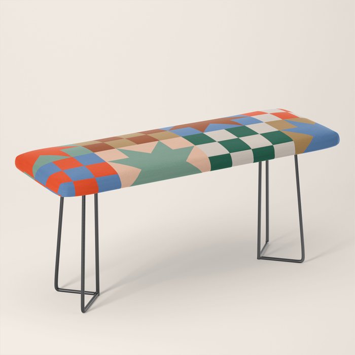 Earthy Patchwork Quilt Star Pattern Rustic Geometric Checkered Abstract in Warm Retro Colors Bench Gallery Image 1