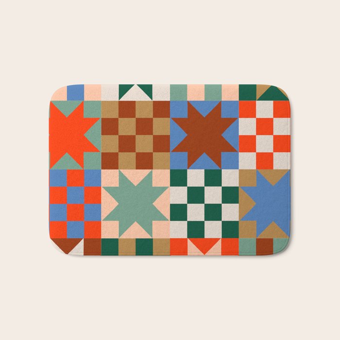 Earthy Patchwork Quilt Star Pattern Rustic Geometric Checkered Abstract in Warm Retro Colors Bath Mat Gallery Image 1