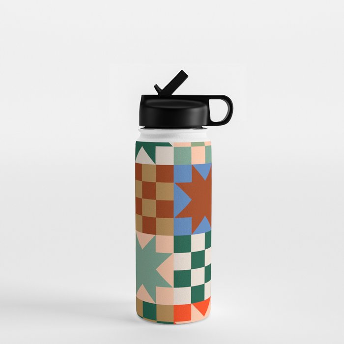 Earthy Patchwork Quilt Star Pattern Rustic Geometric Checkered Abstract in Warm Retro Colors Water Bottle Gallery Image 1