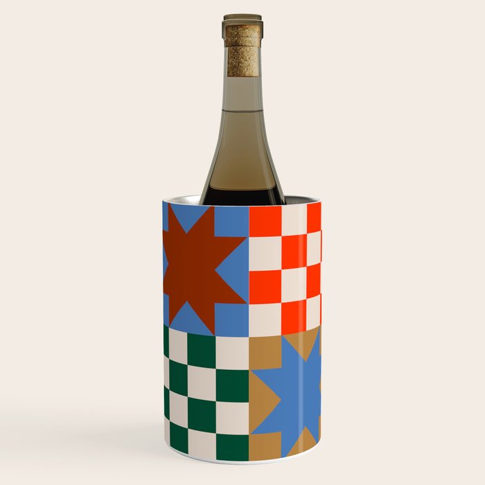 Earthy Patchwork Quilt Star Pattern Rustic Geometric Checkered Abstract in Warm Retro Colors Wine Chiller Gallery Image 3