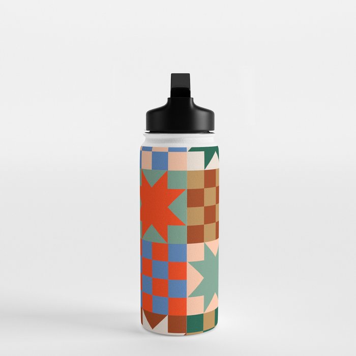 Earthy Patchwork Quilt Star Pattern Rustic Geometric Checkered Abstract in Warm Retro Colors Water Bottle Gallery Image 3