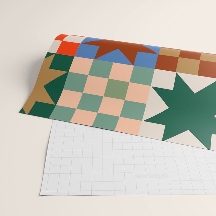 Earthy Patchwork Quilt Star Pattern Rustic Geometric Checkered Abstract in Warm Retro Colors Wrapping Paper Gallery Image 2