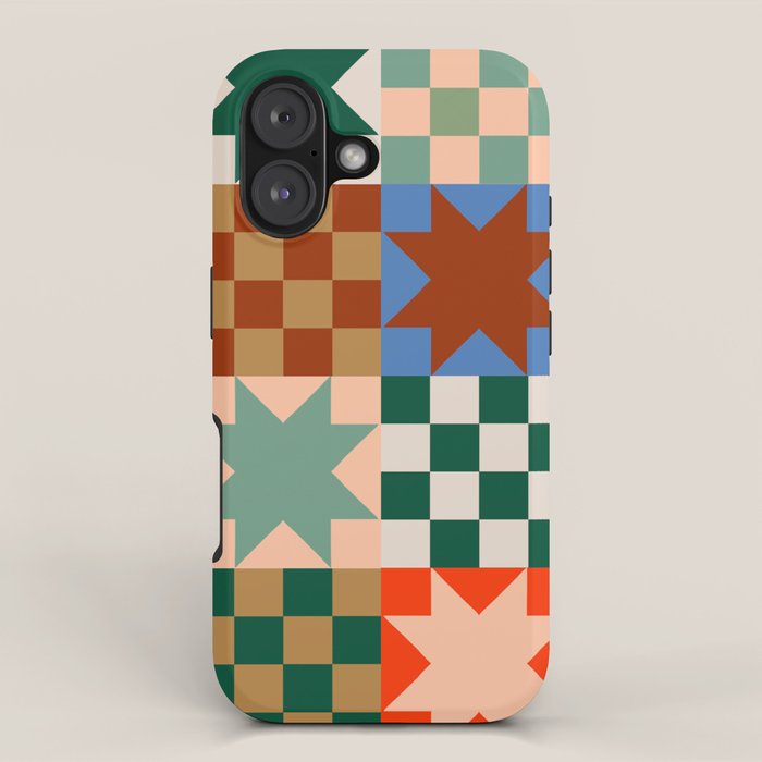 Earthy Patchwork Quilt Star Pattern Rustic Geometric Checkered Abstract in Warm Retro Colors iPhone Case Gallery Image 1