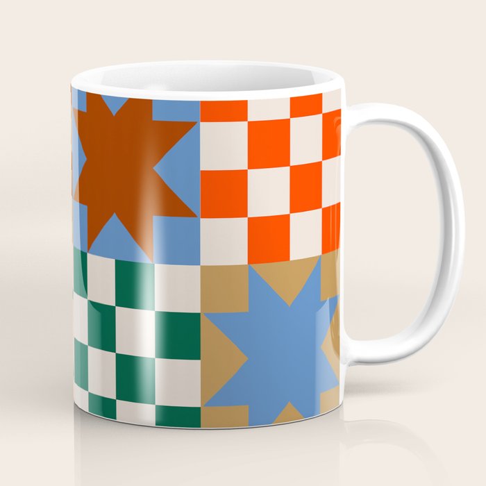 Earthy Patchwork Quilt Star Pattern Rustic Geometric Checkered Abstract in Warm Retro Colors Coffee Mug Gallery Image 1