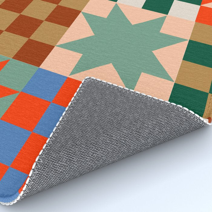 Earthy Patchwork Quilt Star Pattern Rustic Geometric Checkered Abstract in Warm Retro Colors Rug Gallery Image 4