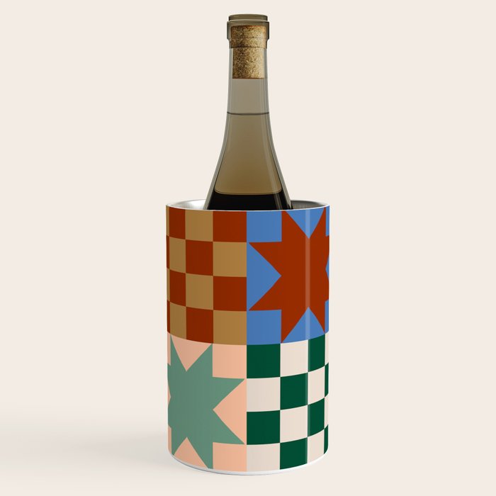 Earthy Patchwork Quilt Star Pattern Rustic Geometric Checkered Abstract in Warm Retro Colors Wine Chiller Gallery Image 1