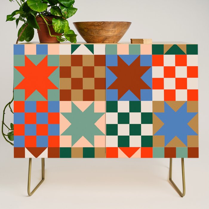 Earthy Patchwork Quilt Star Pattern Rustic Geometric Checkered Abstract in Warm Retro Colors Credenza Gallery Image 1
