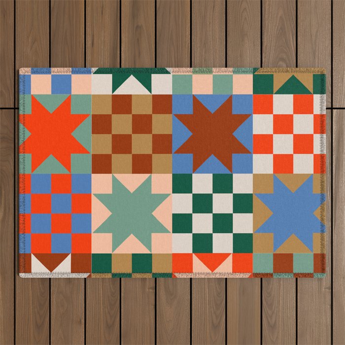 Earthy Patchwork Quilt Star Pattern Rustic Geometric Checkered Abstract in Warm Retro Colors Outdoor Rug Gallery Image 1